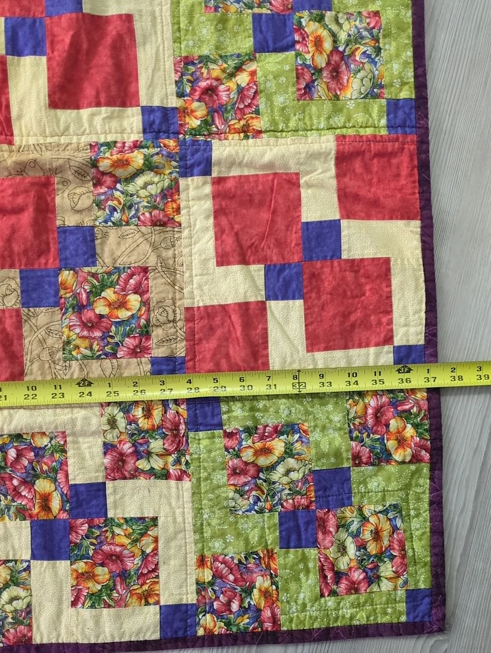 Handmade Floral Patchwork Quilt Wall Hanging Signed by Grandma Colorful Folk Art